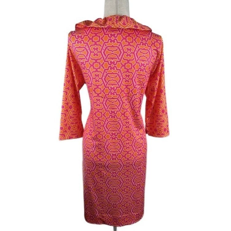Gretchen Scott Dress Pink Orange Geometric Print Ruffle Collar 3/4 Sleeve 3XL - Image 3