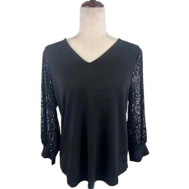 New Adrianna Papell Black V Neck Sequin Sleeve Knit Top Party Blouse Size Medium