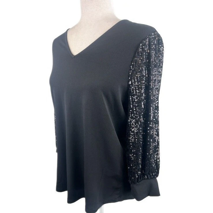 New Adrianna Papell Black V Neck Sequin Sleeve Knit Top Party Blouse Size Medium - Image 2