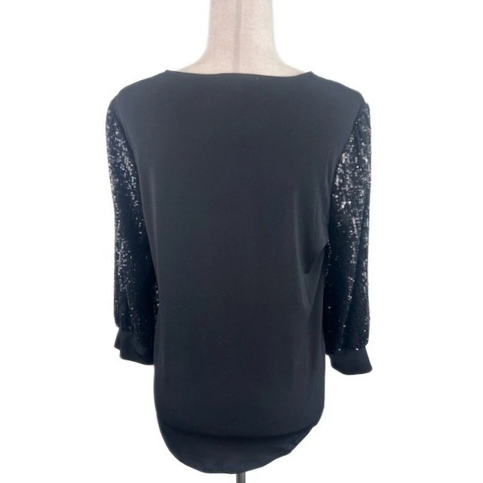 New Adrianna Papell Black V Neck Sequin Sleeve Knit Top Party Blouse Size Medium - Image 3