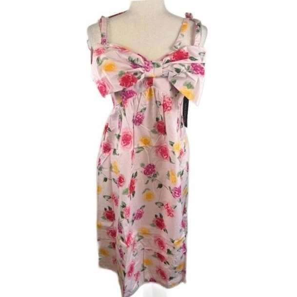 New WILDFOX Laurent Pink Floral Midi Retro Bow Dress Women's Size Large