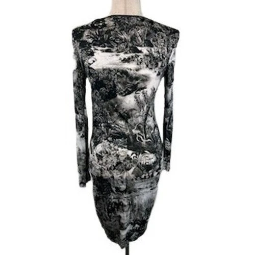 Carven Dress Black White Landscape Long Sleeve Bodycon Women's Size Medium - Image 3