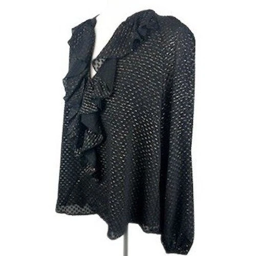 New Nanette Lepore Blouse Black Gold Foil Dot Ruffle Long Sleeve Top Size Large - Image 2