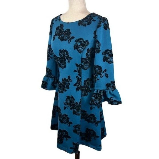 Jessica Howard Blue Floral Velvet Accents Bell Sleeve Fit & Flare Dress Size 8 - Image 2