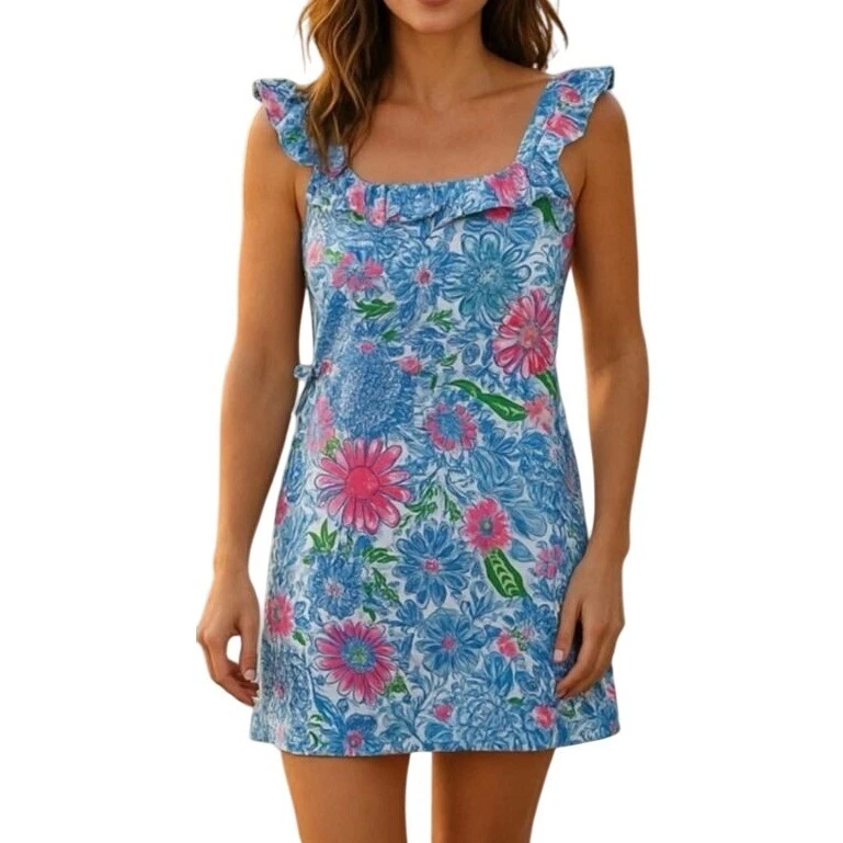 New Lilly Pulitzer Zoya Ruffle Romper Frenchie Blue Suns Out Floral Size 6 $198