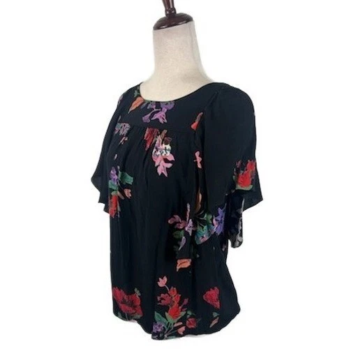 Maeve Anthropologie Black Floral Flutter Sleeve Blouse Top XS Small - Image 2