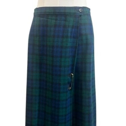 80s Pendleton Wool Plaid Skirt Vintage Midi Pleated Green Blue Size 6 Big Pin - Image 2