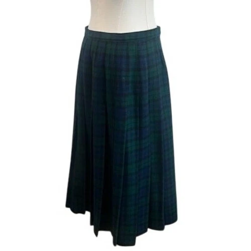 80s Pendleton Wool Plaid Skirt Vintage Midi Pleated Green Blue Size 6 Big Pin - Image 3