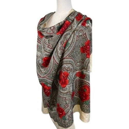 Franco Laurenti Scarf Shawl Wrap Paisley Floral Red Rose Oversized 44"x44" - Image 2
