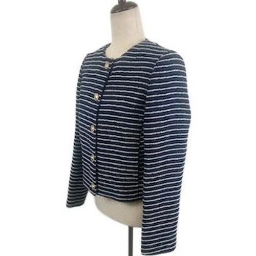 J.Crew Women's Size 6 Navy White Striped Tweed Cropped Gold Button Blazer - Image 2