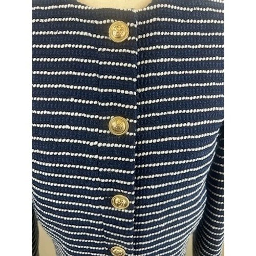 J.Crew Women's Size 6 Navy White Striped Tweed Cropped Gold Button Blazer - Image 4