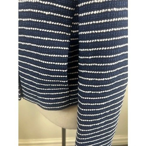 J.Crew Women's Size 6 Navy White Striped Tweed Cropped Gold Button Blazer - Image 5