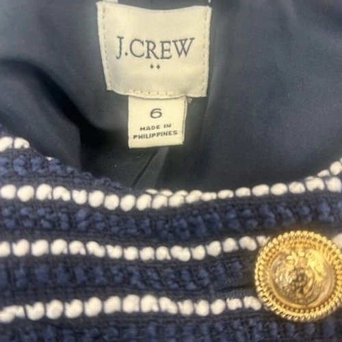 J.Crew Women's Size 6 Navy White Striped Tweed Cropped Gold Button Blazer - Image 6