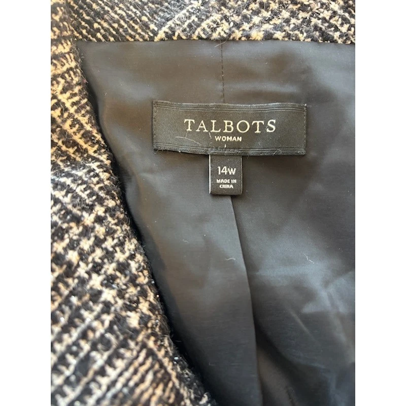 Talbots Womens Black & White Plaid Tweed Wool Blend Coat Jacket Blazer Size 14W - Image 5