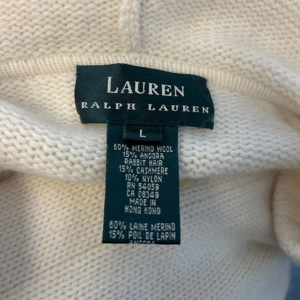 Lauren Ralph Lauren Sweater Women's Size Large Cashmere Wool Cream Hood Cardigan - Image 4