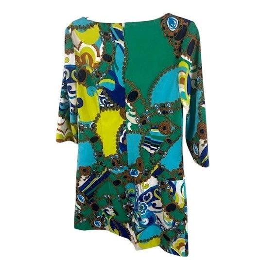 Sangria Scuba Mini Dress Tunic Multicolor Geometric 3/4 Sleeve Keyhole Size 6 - Image 2
