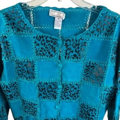 Y2K Vintage S.M.H Suede Leather Jacket Coat Patchwork Leopard Teal Retro Medium - Image 2