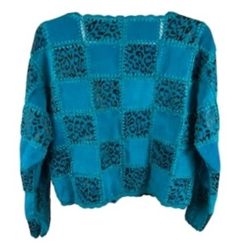 Y2K Vintage S.M.H Suede Leather Jacket Coat Patchwork Leopard Teal Retro Medium - Image 3