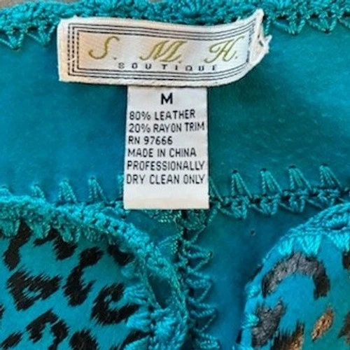 Y2K Vintage S.M.H Suede Leather Jacket Coat Patchwork Leopard Teal Retro Medium - Image 4
