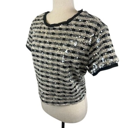 Glam Y2K Sequin Top Black Party Blouse Sparkly Short Sleeve Size Large - Image 2