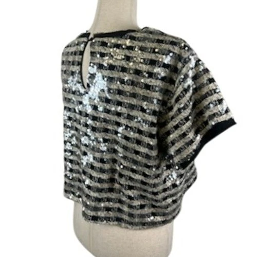 Glam Y2K Sequin Top Black Party Blouse Sparkly Short Sleeve Size Large - Image 3
