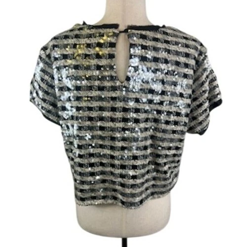 Glam Y2K Sequin Top Black Party Blouse Sparkly Short Sleeve Size Large - Image 4
