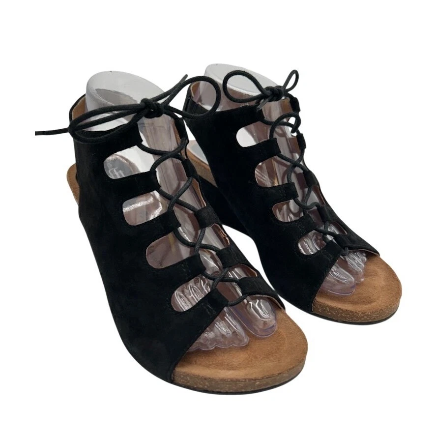 Söfft Women's Black Suede Lace Up Gladiator Wedge Sandals Shoes Size 8M