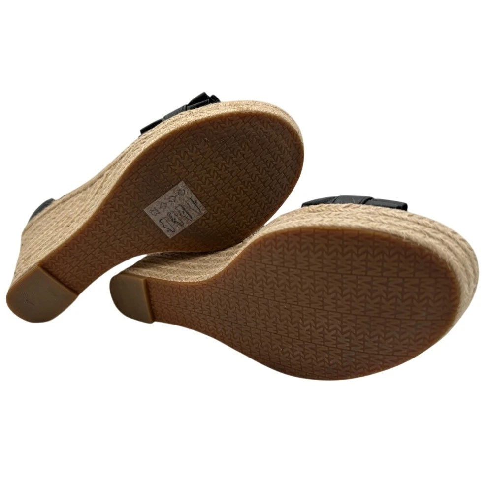 Michael Kors Black Leather Ruffle Espadrille Ankle Strap Wedge Sandals Size 7.5 - Image 4