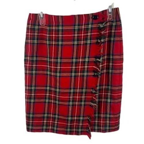 Rafaella Plaid Skirt 100% Worsted Wool Red Fringe Career Party Women's Size 10 - Image 2