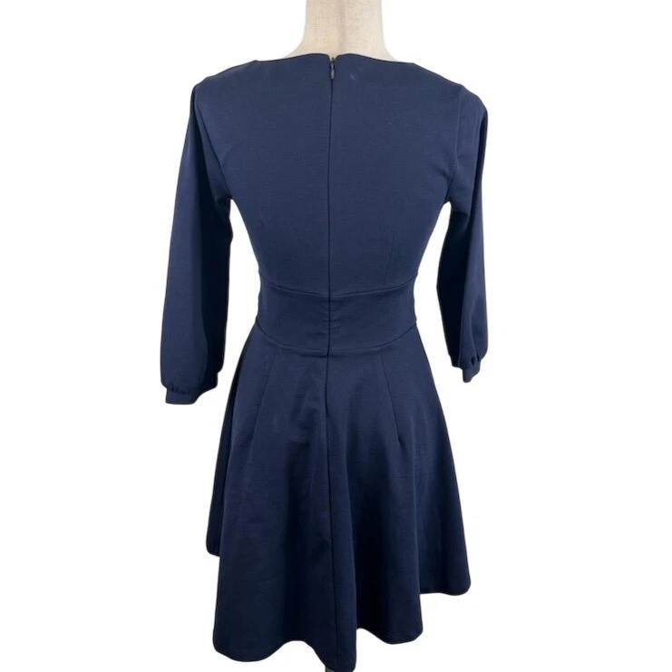 Boden Fit & Flare Dress Navy Blue 3/4 Sleeve Tie Waist V Neck Size 4P 4 Petite - Image 2
