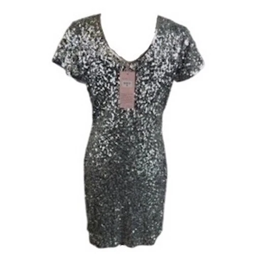 Maner Silver Sequin Short Sleeve Mini Dress Party Cocktail Women's Size Medium - Image 3