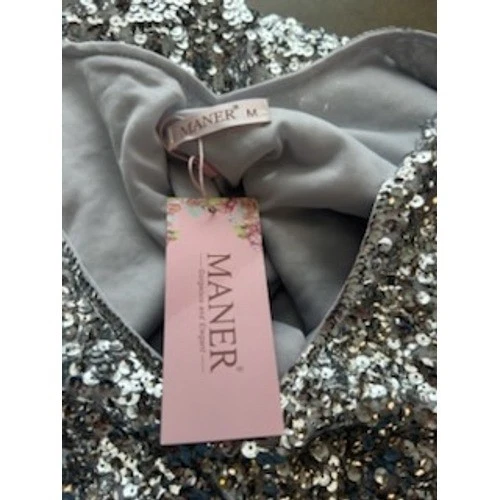 Maner Silver Sequin Short Sleeve Mini Dress Party Cocktail Women's Size Medium - Image 5