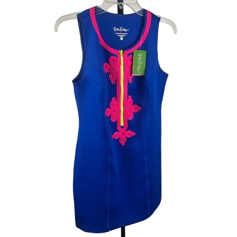 NWT Lilly Pulitzer Mila Scuba Dress Sleeveless Blue Pink Neon Trim Size Small - Image 2
