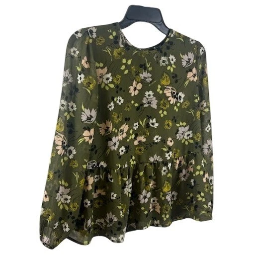 Madewell Green Floral Print Tiered Peplum Long Sleeve Top Blouse Size Small - Image 3
