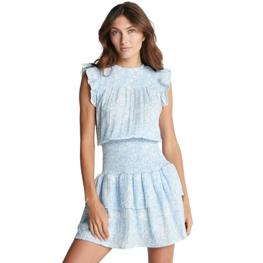 Sundays Anthropologie Smocked Ruffle Mini Dress Blue Sleeveless Size Small