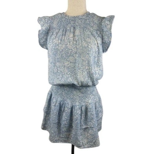 Sundays Anthropologie Smocked Ruffle Mini Dress Blue Sleeveless Size Small - Image 3