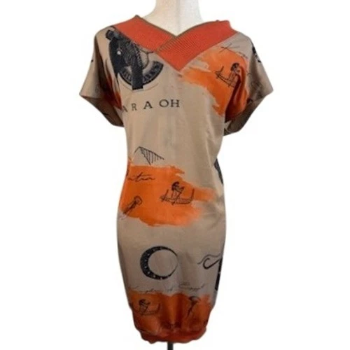 Lili Sidonio Molly Bracken Beige Pharaoh Print Tunic Dress Short Sleeve Size S M - Image 3