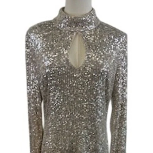 Vince Camuto Silvery Gold Sequin Long Sleeve Party Cocktail Dress Size 10 - Image 3