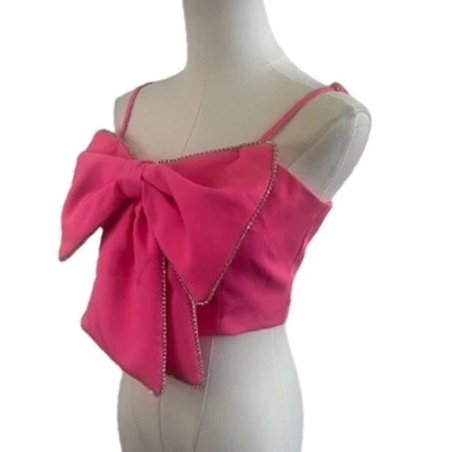 Cloud Ten Hot Pink Crystal Bow Crop Top Blouse Party Cocktail Size Medium - Image 2