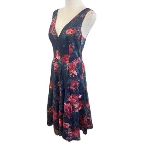 Eliza J Navy Floral Fit and Flare Dress Wedding Guest Party Cocktail Size 10 - Image 2