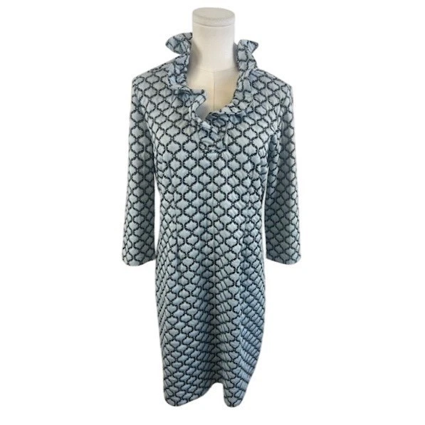 Tyler Boe Ruffle Neck Dress Blue Geometric Print 3/4 Sleeve Career Size Medium - Image 2