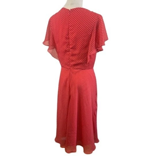 Adrianna Papell Coral Pink Polka Dot Chiffon Flutter Sleeve Midi Dress Size 16 - Image 3