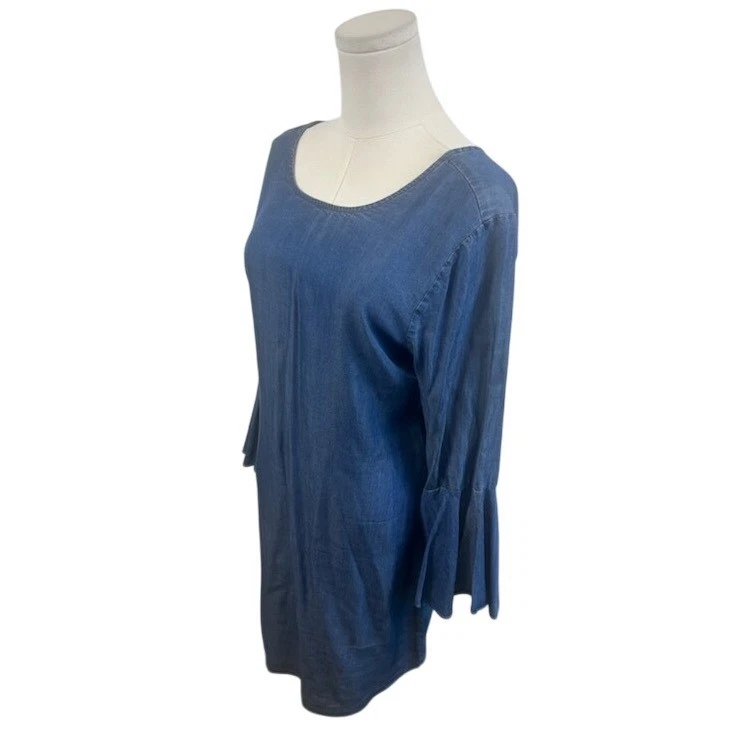 Halston Blue Denim Dress Bell Sleeve Criss Cross Back Casual Women's Size Medium