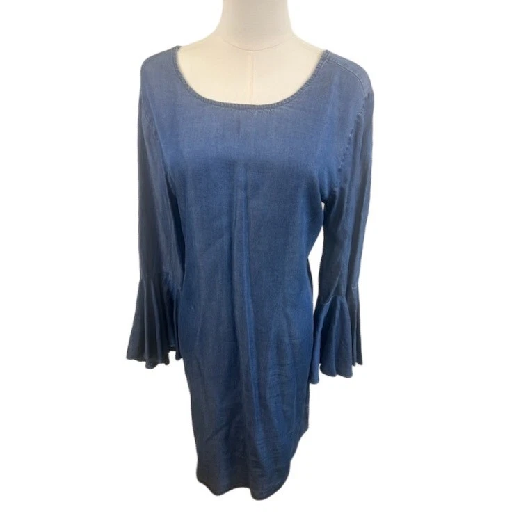 Halston Blue Denim Dress Bell Sleeve Criss Cross Back Casual Women's Size Medium - Image 2