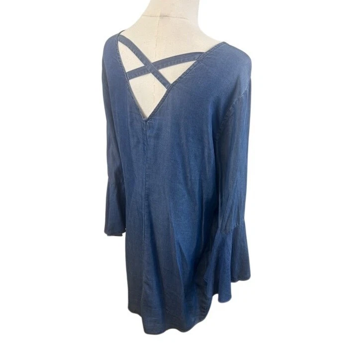 Halston Blue Denim Dress Bell Sleeve Criss Cross Back Casual Women's Size Medium - Image 3