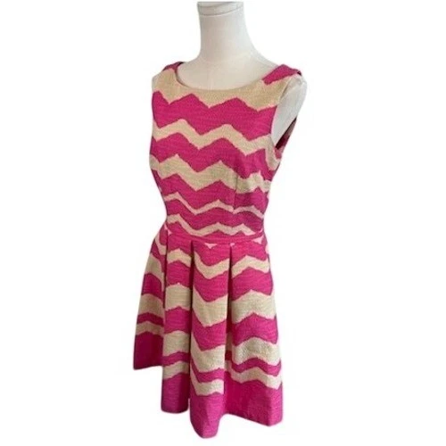 Just Taylor Chevron Print Pink Sleeveless Pleated Fit & Flare Dress Size 8 - Image 2