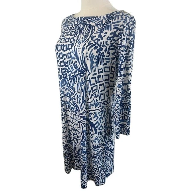 Lilly Pulitzer Sophie Dress Blue White Print Long Sleeve Size Large UPF 50+
