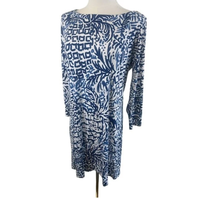 Lilly Pulitzer Sophie Dress Blue White Print Long Sleeve Size Large UPF 50+ - Image 2