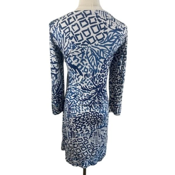Lilly Pulitzer Sophie Dress Blue White Print Long Sleeve Size Large UPF 50+ - Image 4