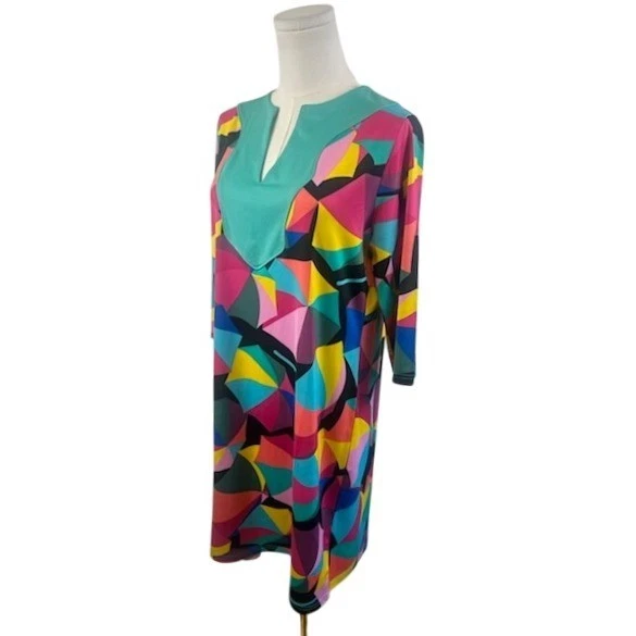 Tracy Negoshian Sunshade Geometric Print Dress Colorful V Neck Size Large - Image 2